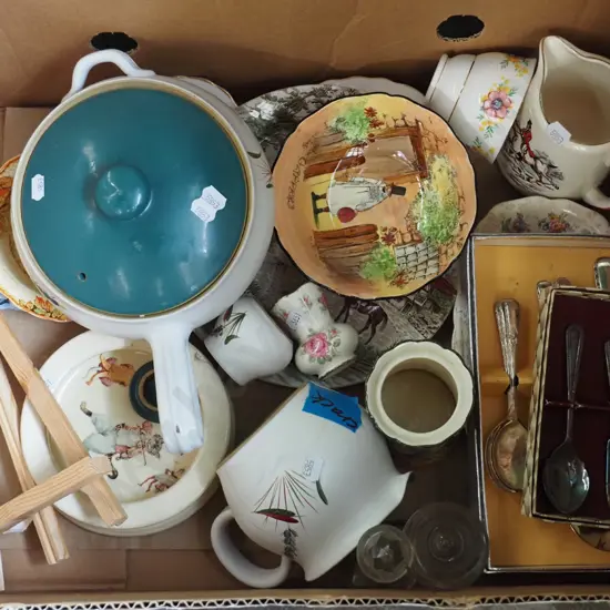 box; bowls, cutlery, Denby green wheat casserole etc
