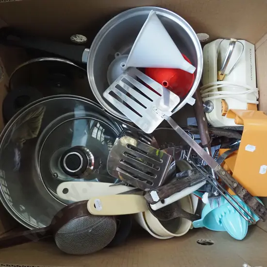 box; utensils, electric egg beater, pots etc