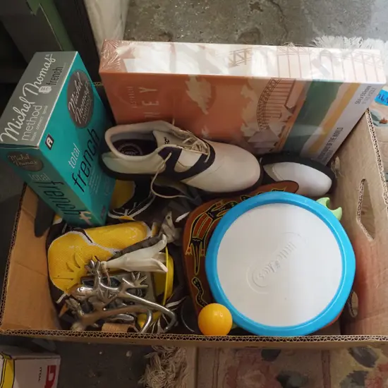 box; ladies size 7 sprigged shoes, puzzle, toy drum etc
