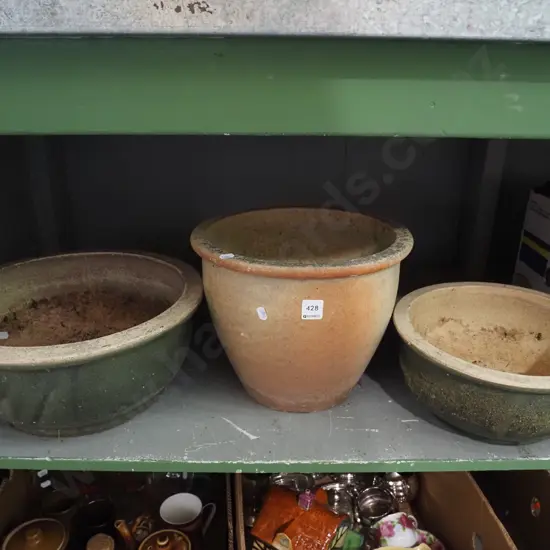 3x glazed garden planters - 1 has chips to rim