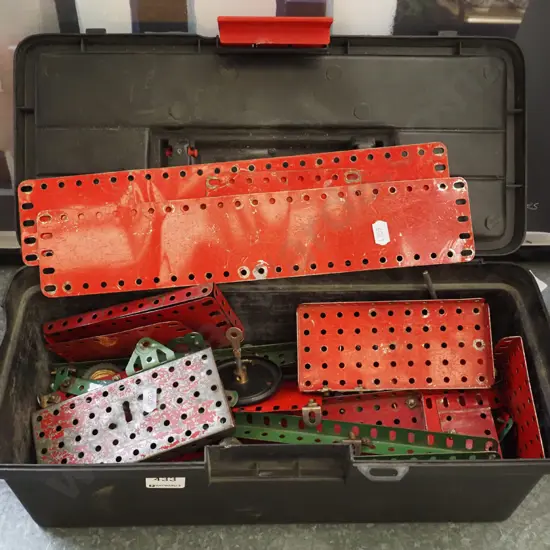 black plastic tool box with vintage Meccano