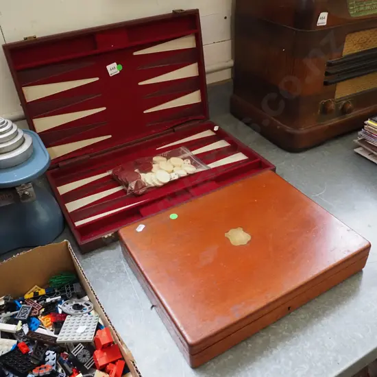 backgammon board, mahogany chest with saw blades and cutlery - green dots