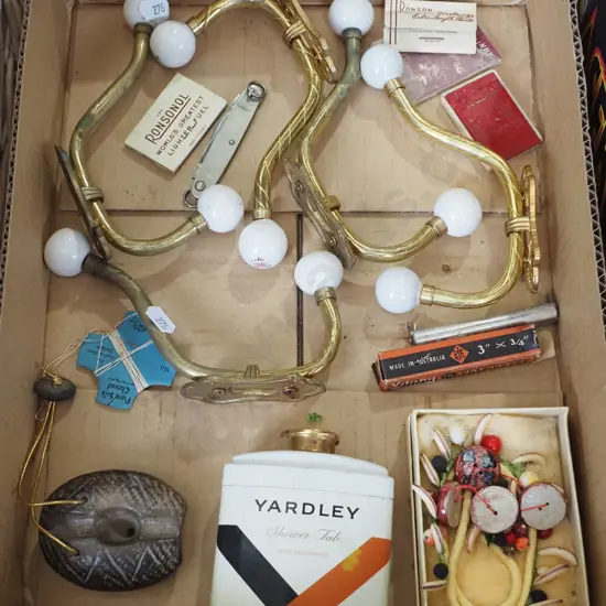 box; brass and ceramic coat hooks, ceramic jewellery, talcum powder etc