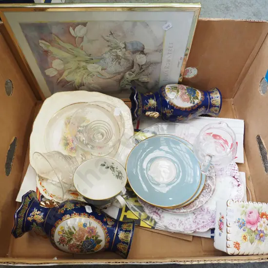 box; framed print, matching vases, plates etc