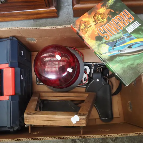 box; Stingray annual, tool box, red flashing light etc