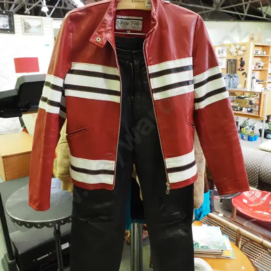 size Small black leather pants with red leather jacket
