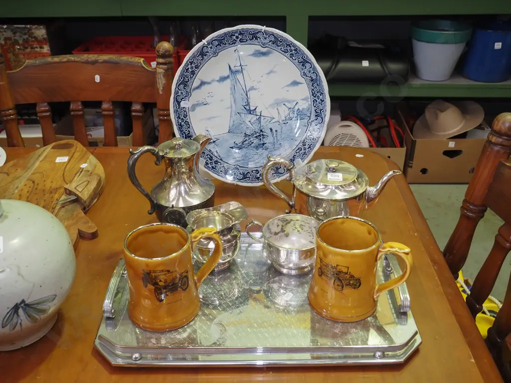 blue and white Belguim plate, plated ware, 2x Wade veteran cars beer tankards Image 1++