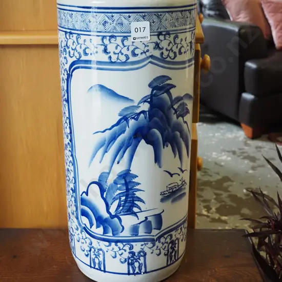blue and white Asian umbrella stand