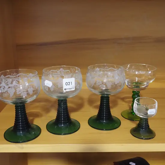 etched green glass goblets