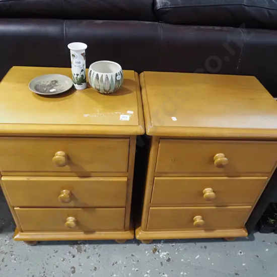 2x solid rimu and wood 3 drawer bedside cabinets - 1 varnish needs attention