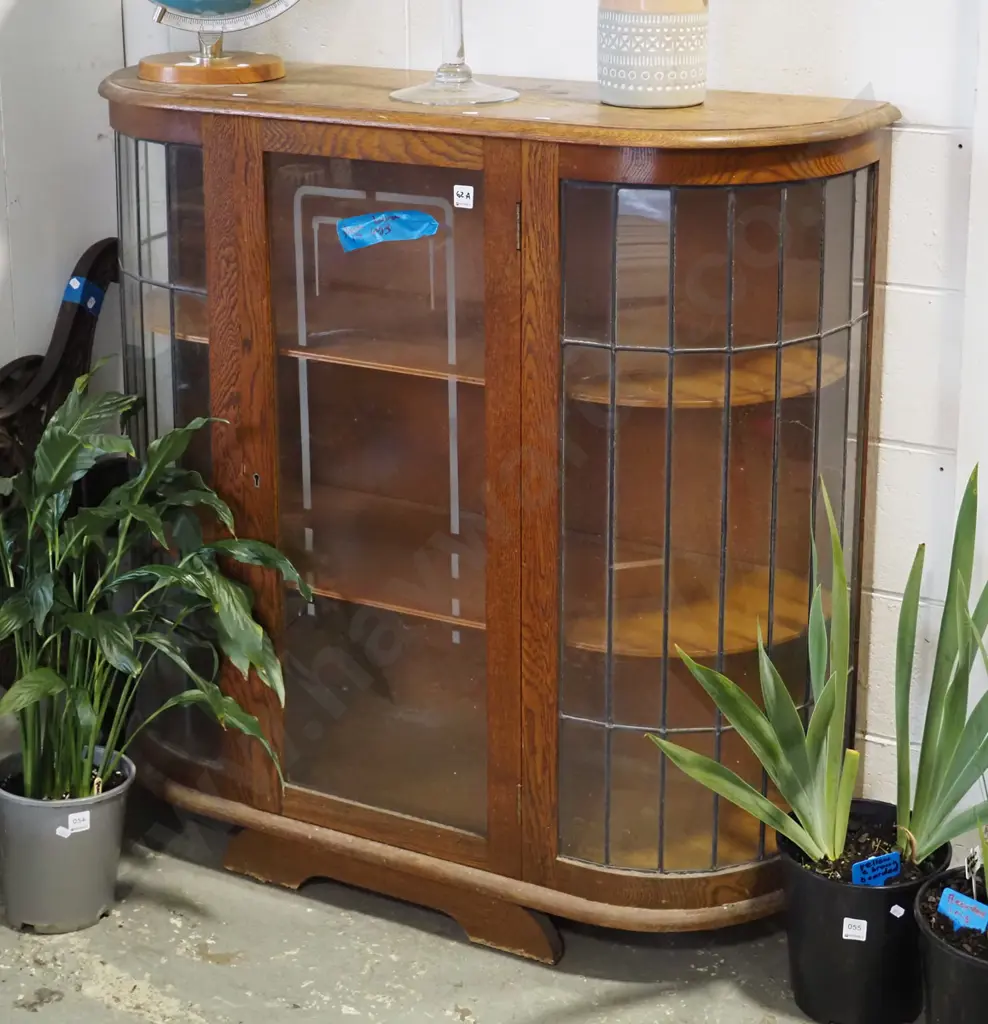 restorer's deco bow fronted china cabinet - some borer in legs, varnish needs attention H-1040 W-1070 D-370 Image 1++
