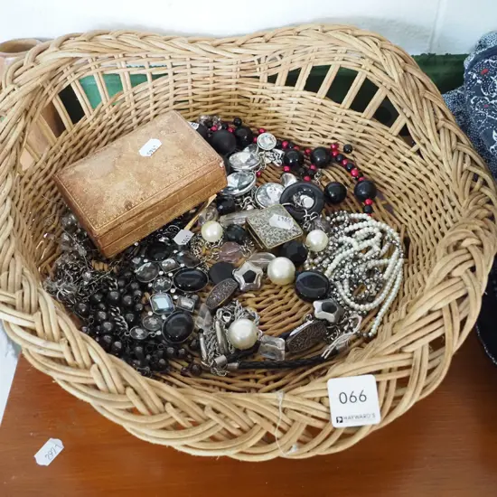 cane basket and costume jewellery