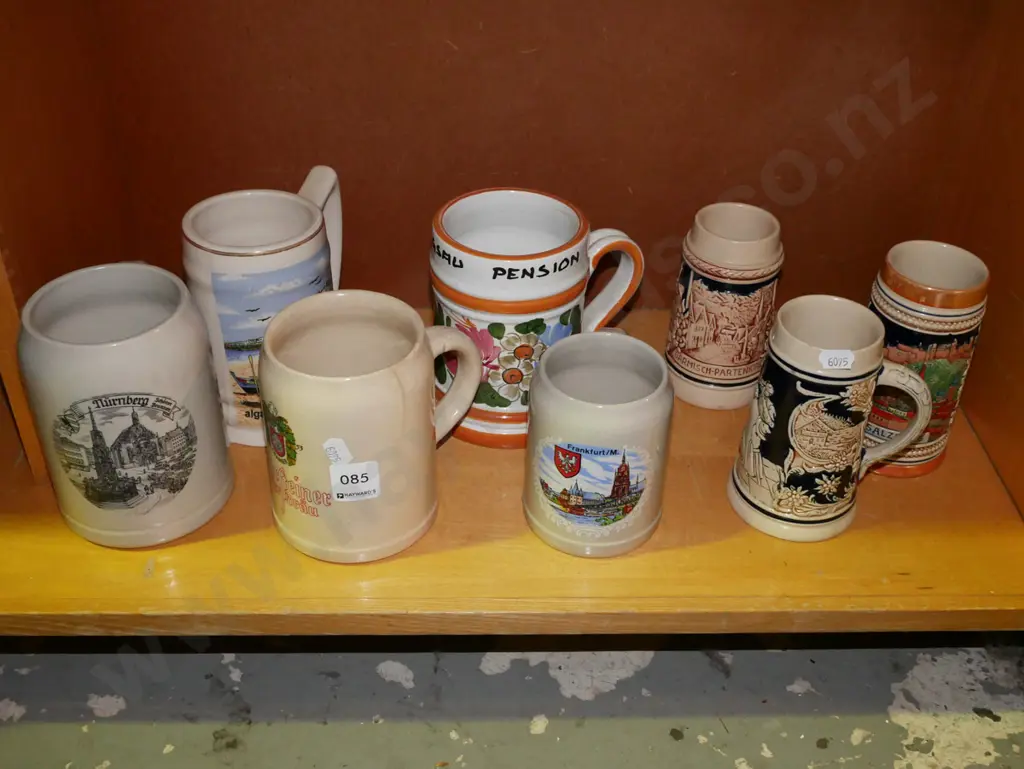 shelf of ceramic beer steins - some cracks Image 1++