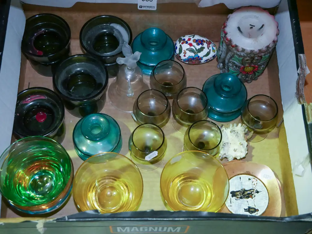 box; various coloured glasses, tea candle lights, copper pin dishes etc Image 1++