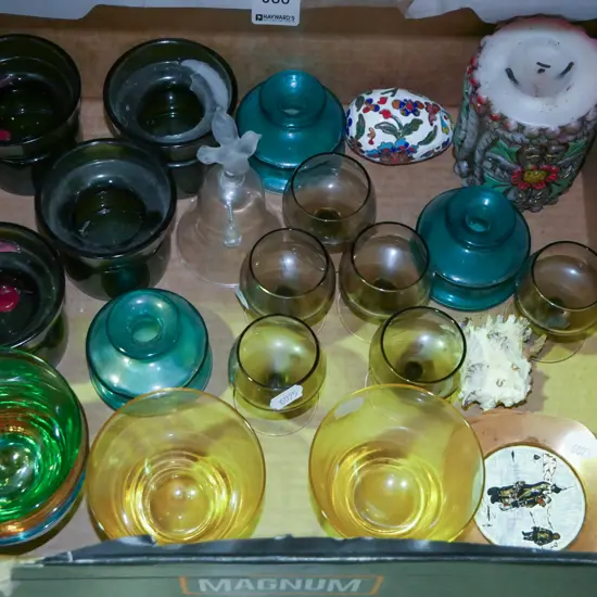 box; various coloured glasses, tea candle lights, copper pin dishes etc