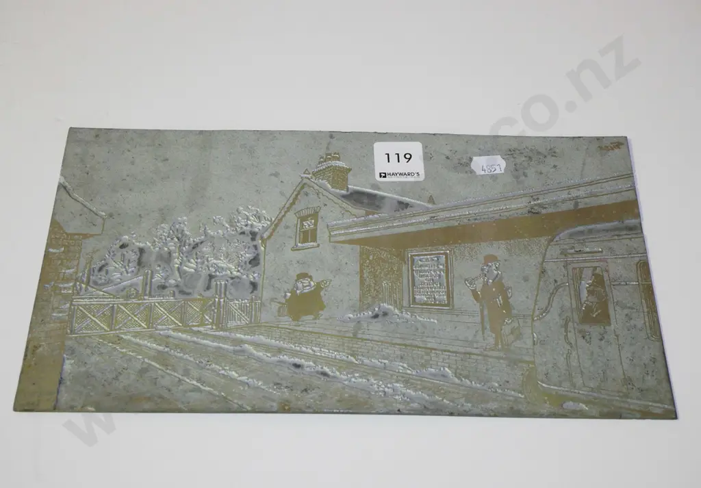 Giles at train station cartoon printing plate Image 1++