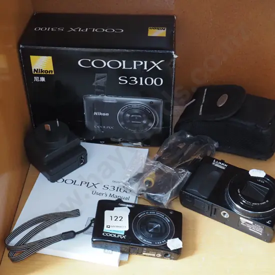 2 compact digital cameras - Nikon Coolpix with box and accessories and a Panasonic Lumix