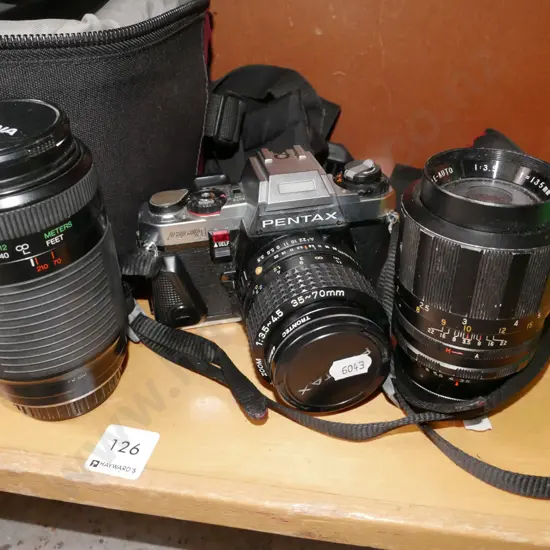 Pentax Program A 35mm SLR film camera, with bag and 2 additional lenses
