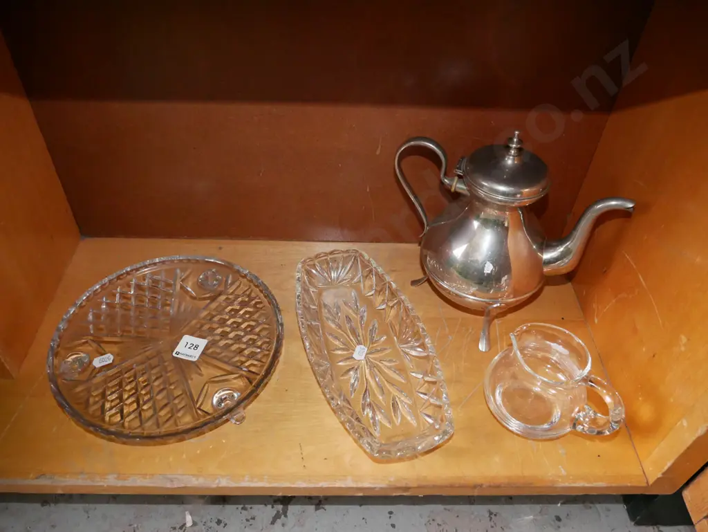 shelf; copper pot, glass creamer, cake stand, bowl Image 1++