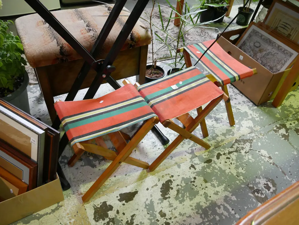 3x vintage wood and canvas stools Image 1++