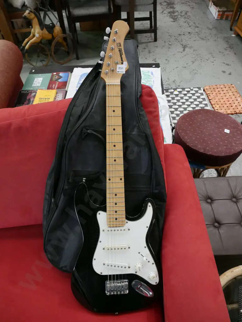 Kawasaki small (3/4 size?) electric guitar - missing 2 tuning knobs Image 1++