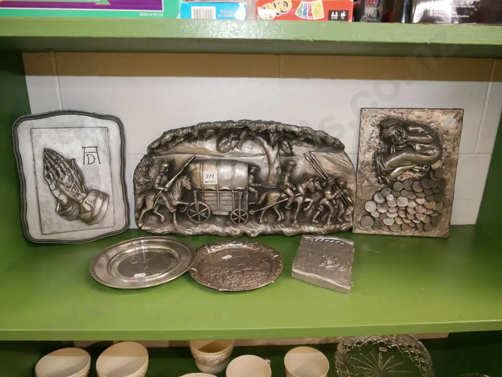 shelf of pewter and faux-pewter composite 3D wall plaques, one with chip, and 2 small trays Image 1++