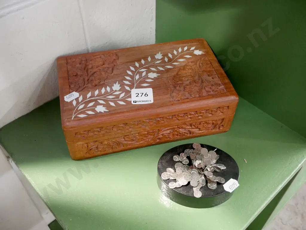 small carved wooden jewellery box, magnetic desk toy Image 1++