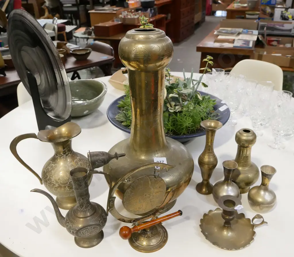 brass ware; gong, vases, candlesticks etc Tallest H-390 Image 1++