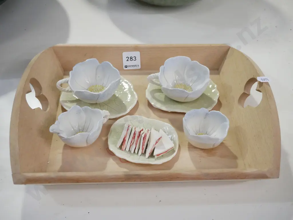 small wooden tray, studio pottery cups, saucers etc Image 1++
