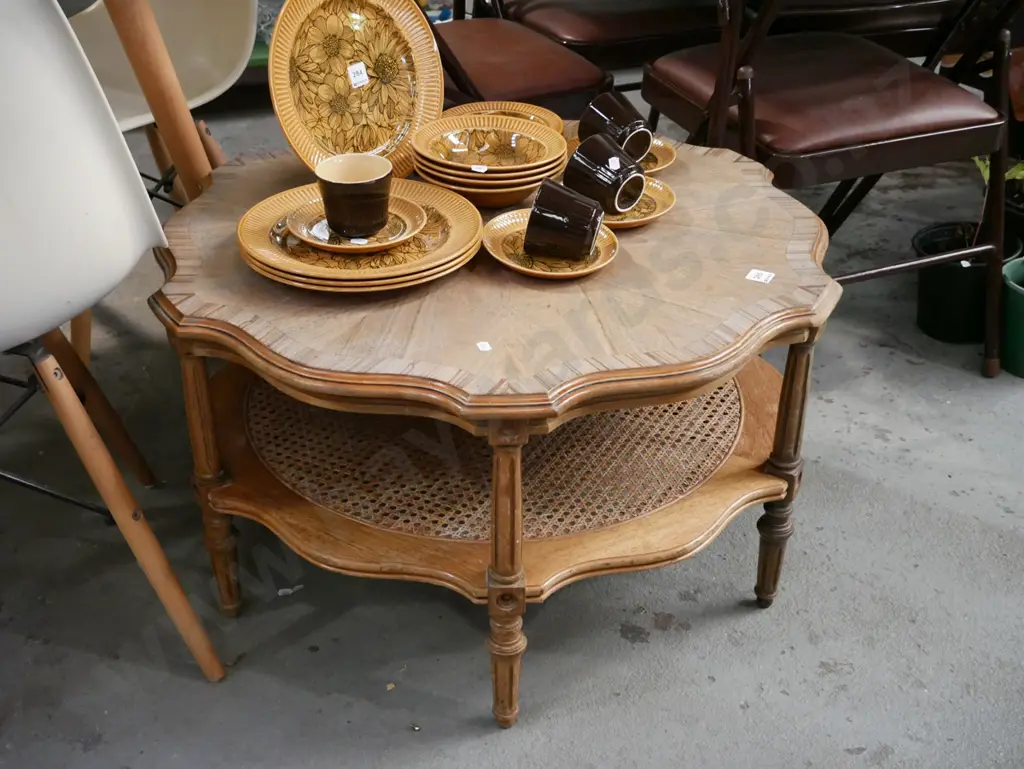 mahogany rattan and veneer top circular coffee table - varnish needs attention Image 1++