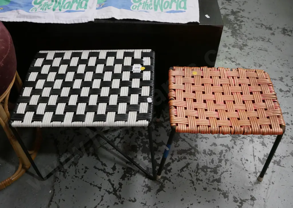 2x retro woven plastic stools - yellow dots Image 1++