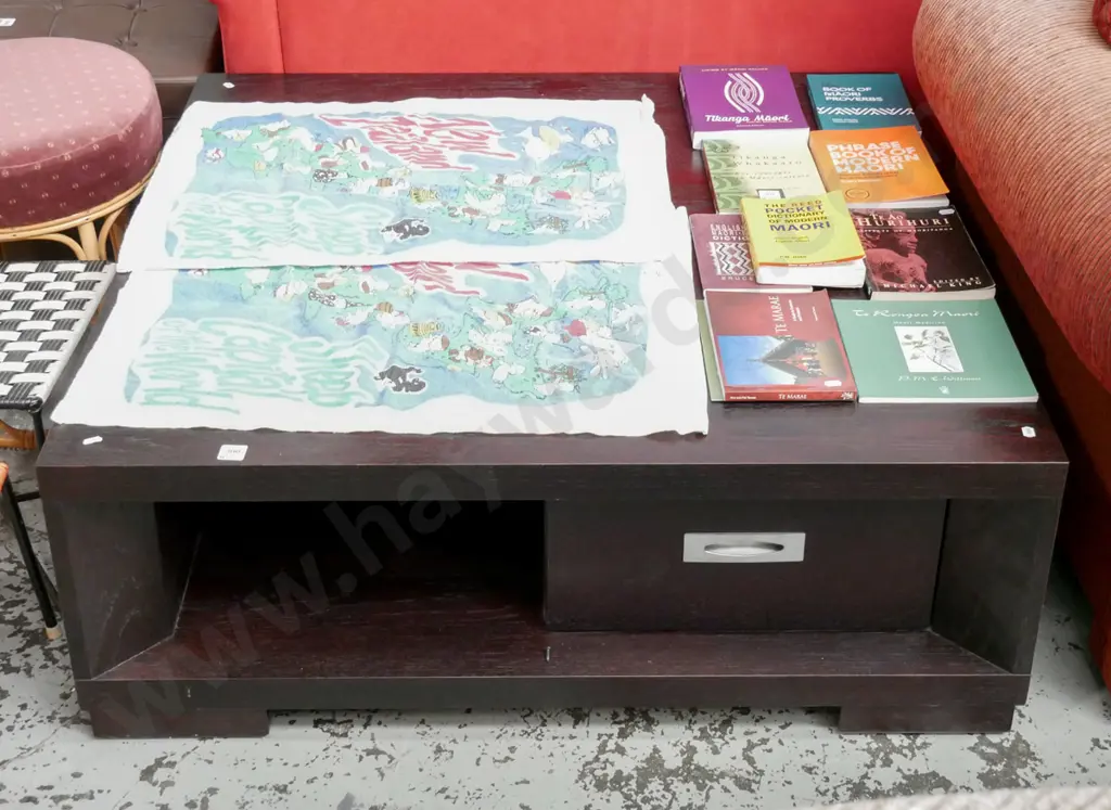 large modern dark stained coffee table with 2 internal drawers and storage space Image 1++