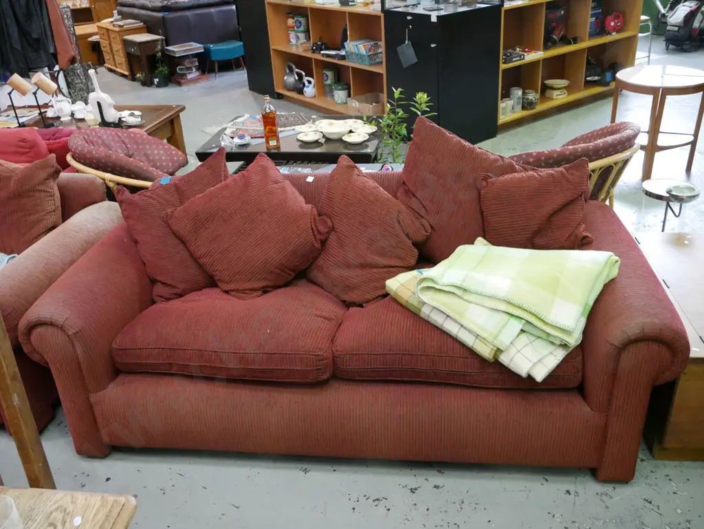 striped upholstered rolled arm 3 seater settee with 5 matching cushions Image 1++