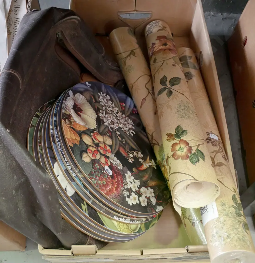 box; floral wall paper, leather satchel, placemats Image 1++