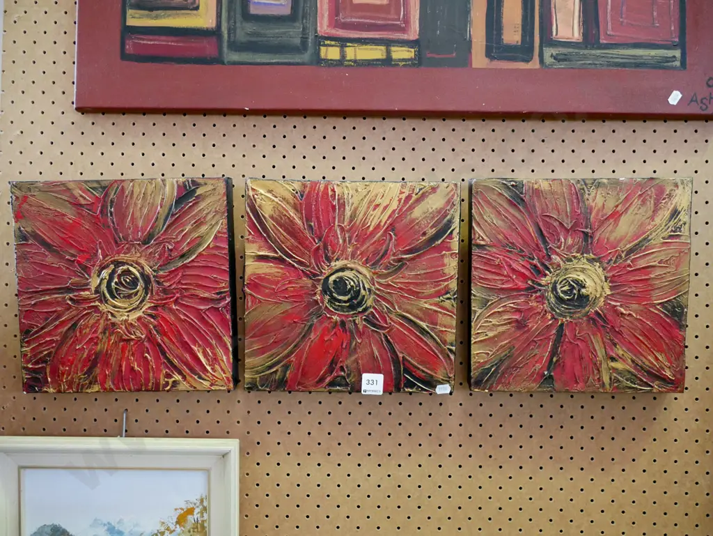 illegible signature -  mixed media on boxed canvas triptych  - flowers Each H-0250 W-250 Image 1++