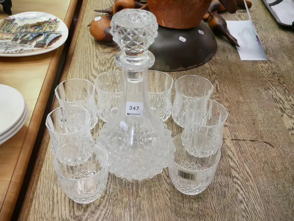 stoppered decanter and 6 whisky tumblers and 2 other crystal tumblers Image 1++