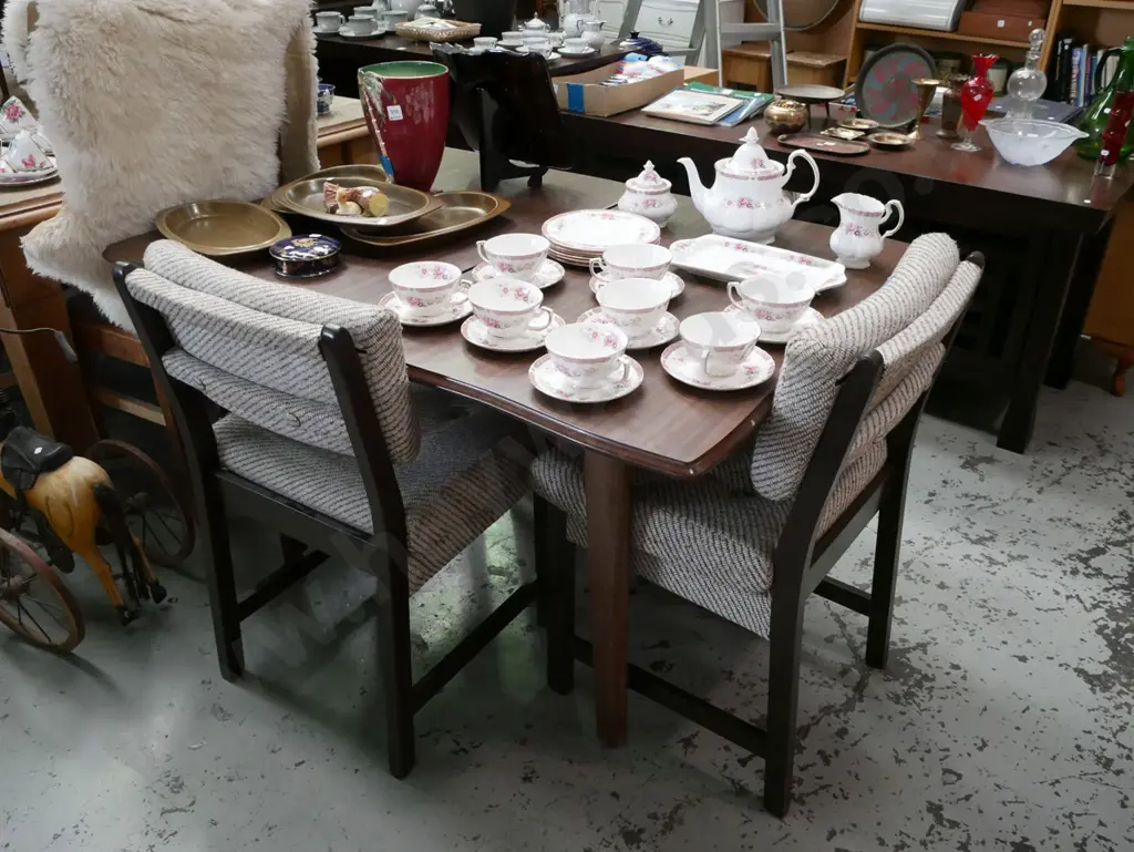 mdf faux wood veneer flip top table with 2 chairs- needs attention Image 1++