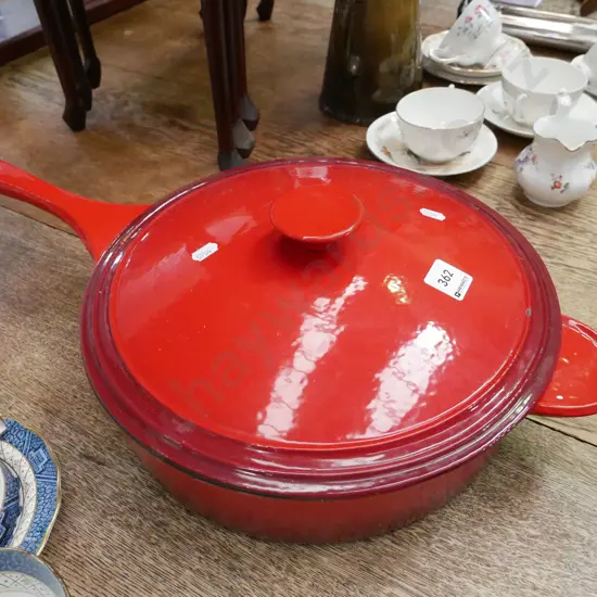 large heavy cast iron and red enamel lidded frypan Diam-300