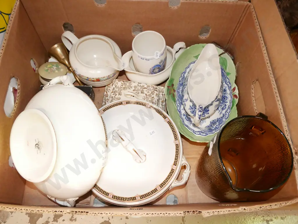 box; amber glass water jug, Wedgwood veges, donation cup etc Image 1++