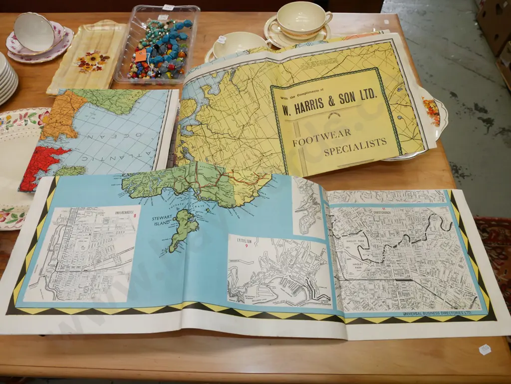 2 retro maps - Harris & Son Footwear Dunedin map of Europe and CR Sanders Christchurch NZ South Island map Image 1++