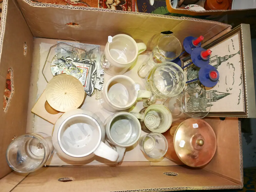 box; beer mugs, ice bucket, framed needlework etc Image 1++