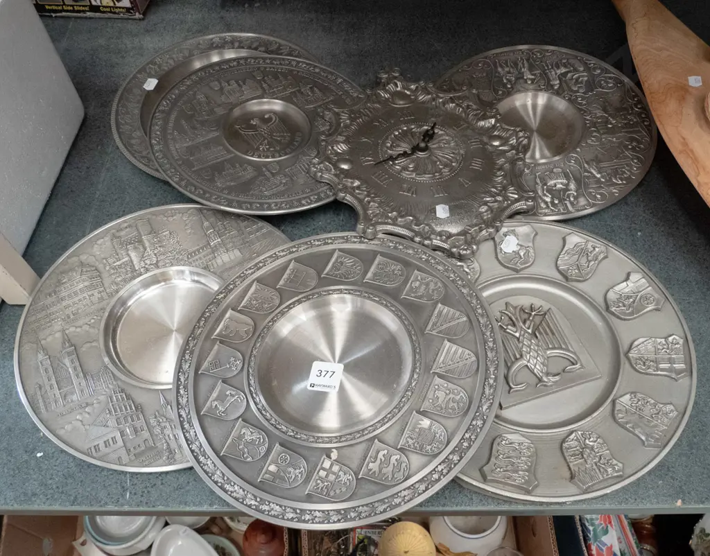various pewter wall chargers, clock Image 1++