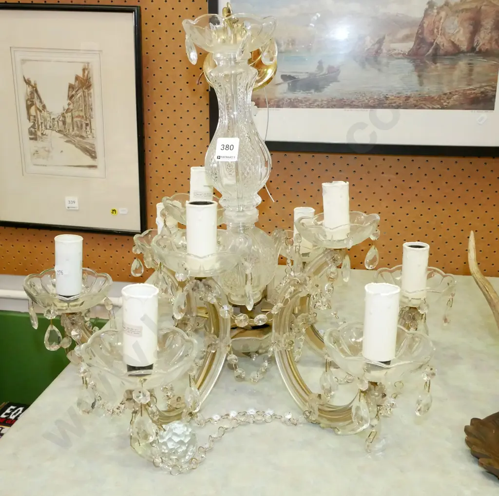 brass and glass 9 bulb chandelier Image 1++
