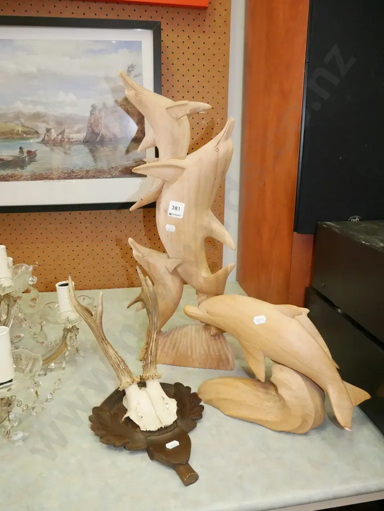 carved wooden dolphin figurines H-500 - tallest has had repair, set of small animal horns Image 1++