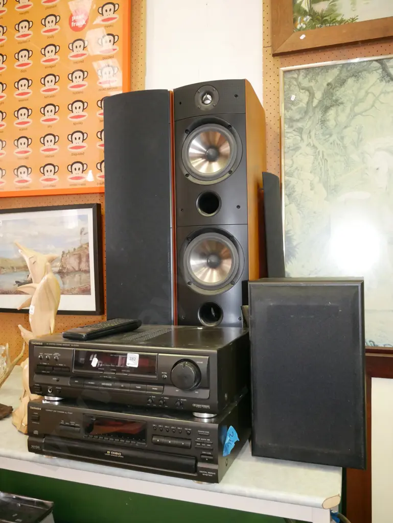 Technics 5 disc player, AV stereo receiver with 2 PSB floor speakers, 1 other Technics speaker Image 1++
