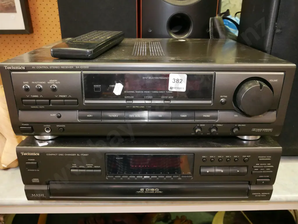 Technics 5 disc player, AV stereo receiver with 2 PSB floor speakers, 1 other Technics speaker Image 1++