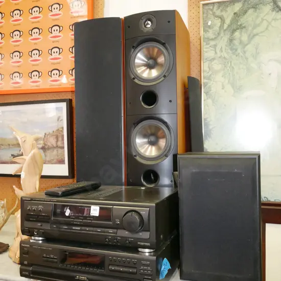 Technics 5 disc player, AV stereo receiver with 2 PSB floor speakers, 1 other Technics speaker