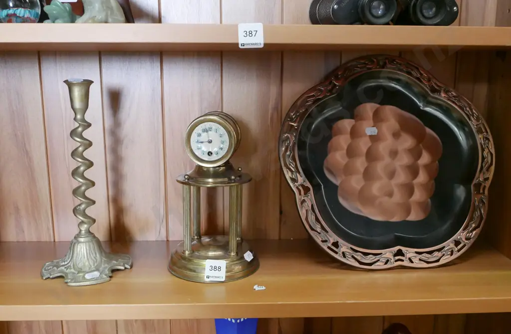 part anniversary clock, brass candlestick, tray Image 1++