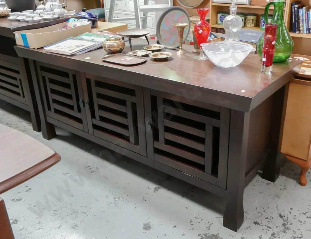dark stained timber low sideboard with 3 doors and metal drop leaf handles H-660 W-1580 D-560 Image 1++