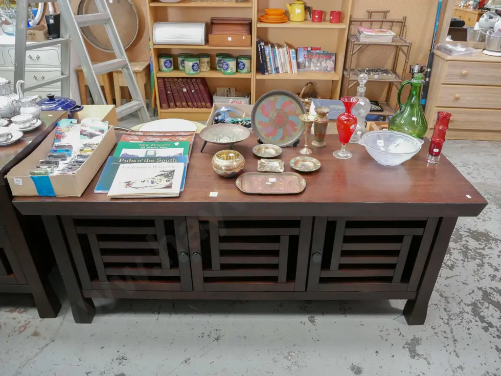 dark stained timber low sideboard with 3 doors and metal drop leaf handles H-660 W-1580 D-560 Image 1++
